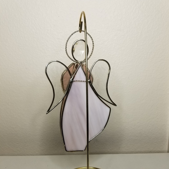 Stained Glass Angel Suncatcher Signed Pink White Christmas‎ Angel 9"Hx6"W - Picture 8 of 11